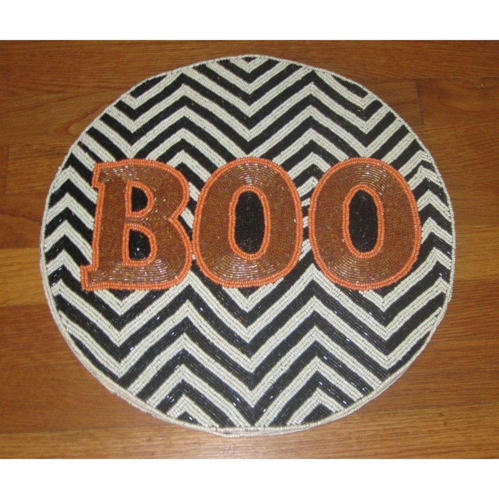 NEW Nicole Miller Halloween BOO Orange Black Chevron Beaded Placemat Charger